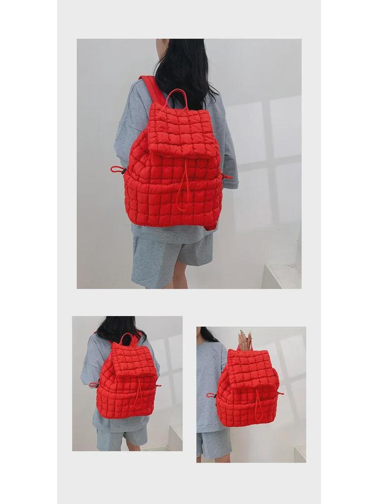 Women's Fluffy Plaid Down Backpack - Stylish, Lightweight, Large Capacity for Fall/Winter Commuting and Travel.