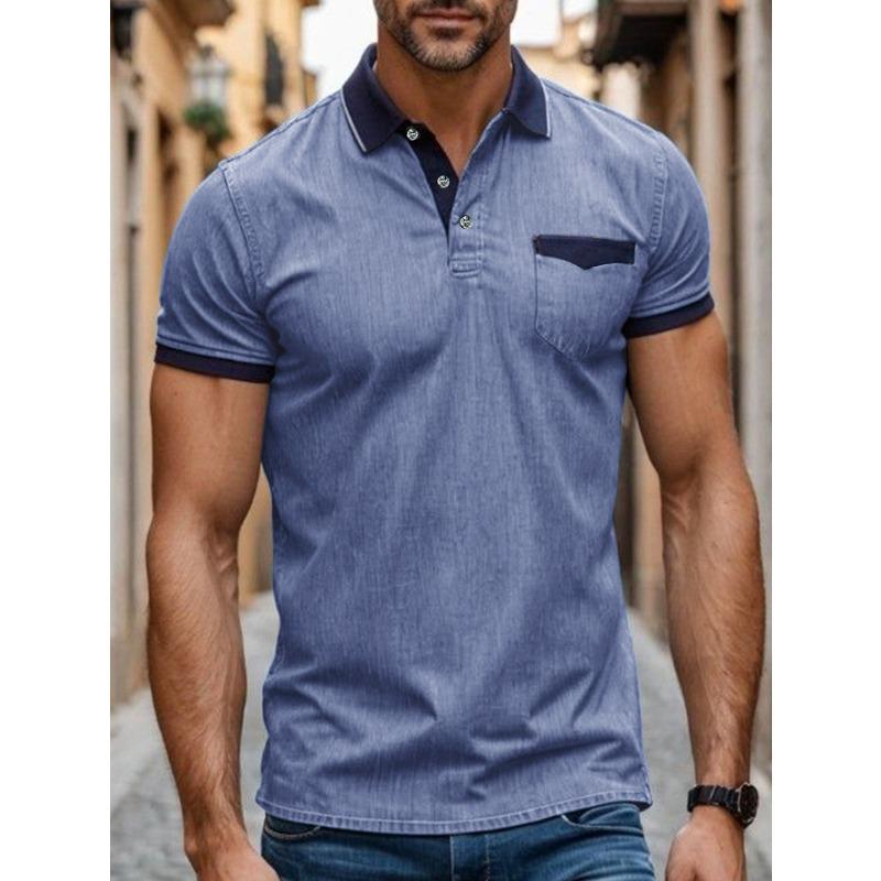 Summer Vintage Polo-neck Casual Fashion Short Sleeve T-shirt Male Patchwork Denim Tee Pullover Top Men