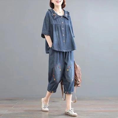 Blue Denim Suit Plus Size Women Cowboy 2 Piece Set  Summer Outfits Floral Embroidery Top and Pant Suits Loose Casual Clothes