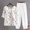 2 Pcs/Set Women T-shirt Pants Set Flower Print Elastic Waist Half Sleeves Round