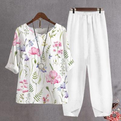 2 Piezas/Set Conjunto de Pantalones y Camiseta para Mujer Estampado de Flores Cintura Elástica Mangas Cortas Cuello Redondo Pierna Ancha Uso Diario Casual Transpirable Conjunto de Verano para Dama Femenino