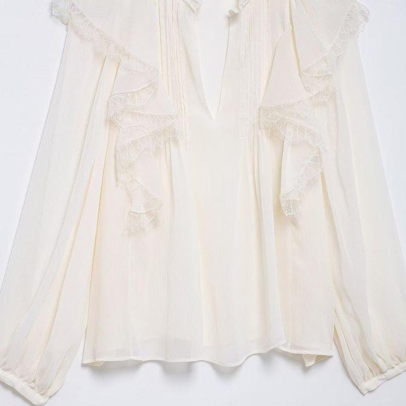 Kaslead New Arrival Women's Fashion Style Lace Laminated Decoration Elegant V-neck Long Sleeve Shirt 5029052