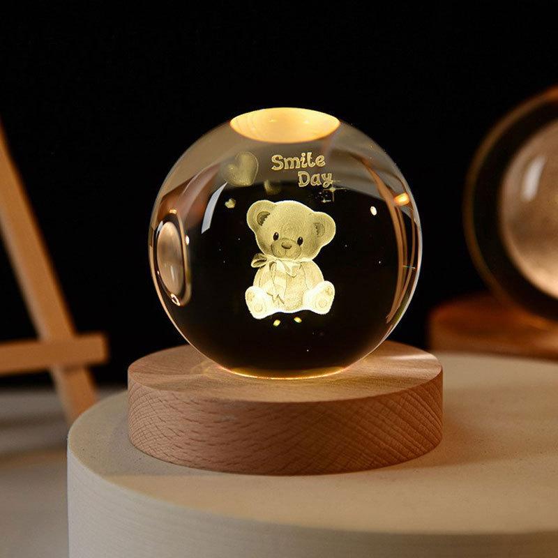 8cm Crystal Ball Night Light Galaxy 3D Laser Engraved Ornament Wooden Galaxy Night Lamp
