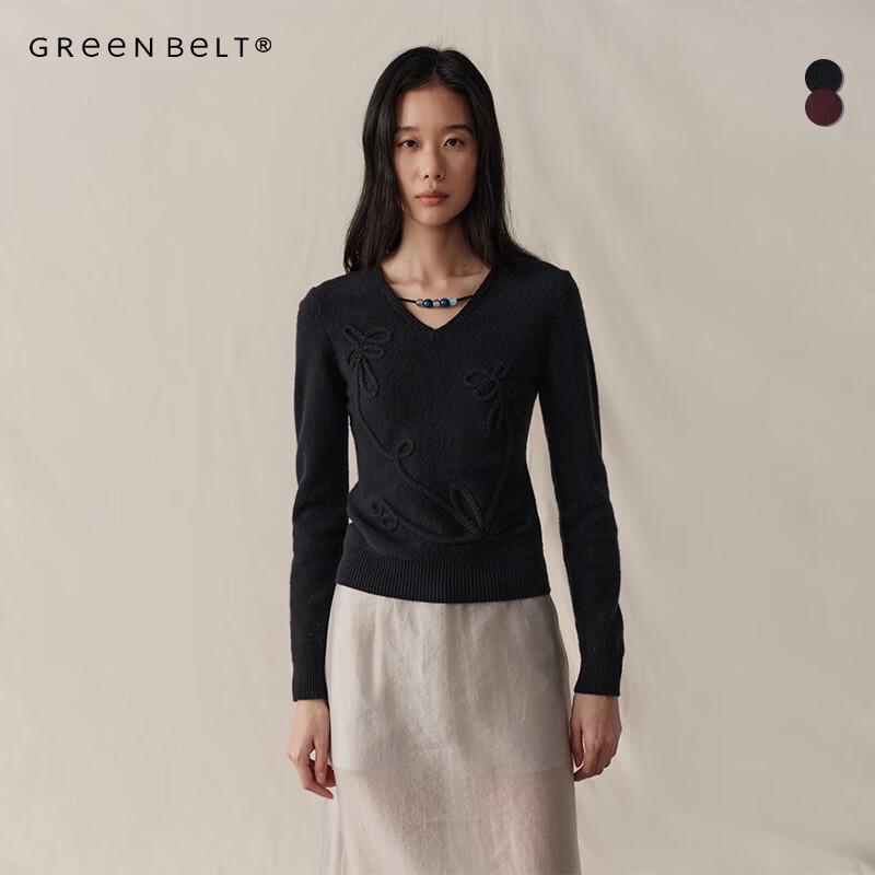 GREEN BELT Women's 100% Wool Beaded V-Neck Sweater