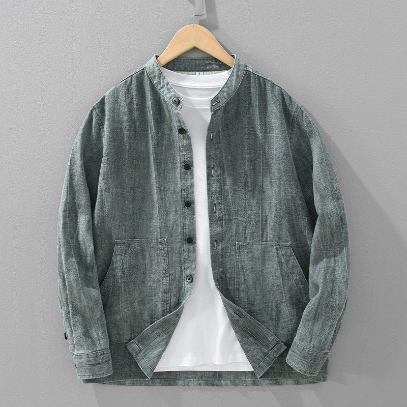 Spring and Autumn Japanese-Style Retro Chinese Stand Collar Cotton and Linen Jacket Men Chinese Style Asian Washing Water Linen Shirt Outwear Thin