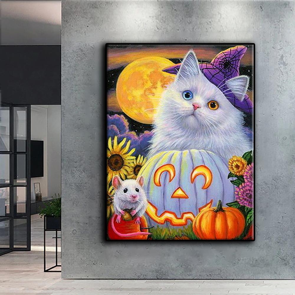 Diamond Embroidery Halloween Pumpkin And Black Cat 5D DIY Diamond Painting Cross Stitch Rhinestone