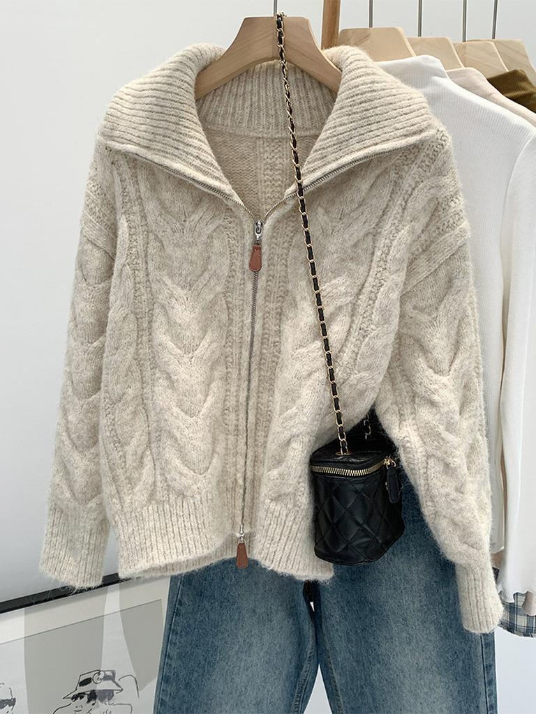 Oversized Chunky Cable Knit Sweater Coat for Women, Autumn Winter High-End Casual Knit Cardigan Top