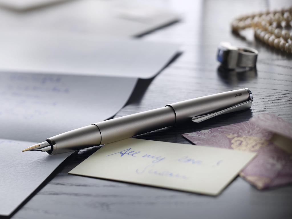 Lamy Studio Palladium Fountain Pen Elegant Metal Body 14K Gold Nib Nib Size F Includes LAMY T10 Blue Ink Cartridge - - (Partially Platinum-Plated) - -