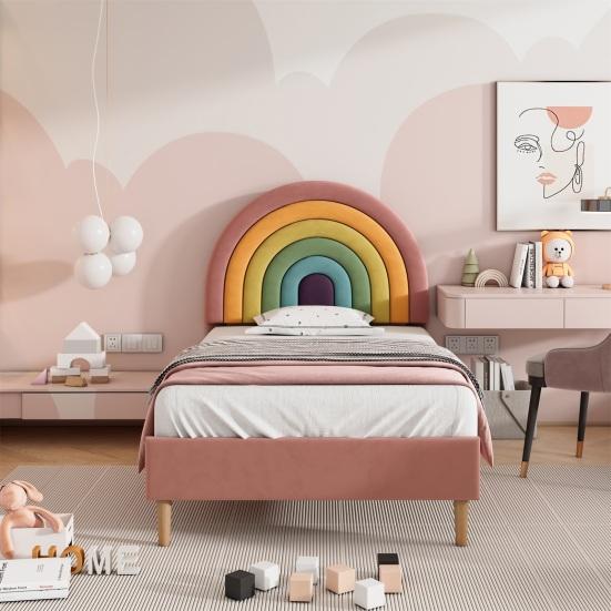 Teen Bed with Height-Adjustable Rainbow Headboard Ergonomic Design Strong Load Bearing Easy To Assemble Youth Bed Home Furniture