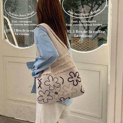 Vintage Hollow Knitting Bag Flower Tote Bag Niche All-in-one Women's Shoulder Bag Wool Woven Bag Handbag