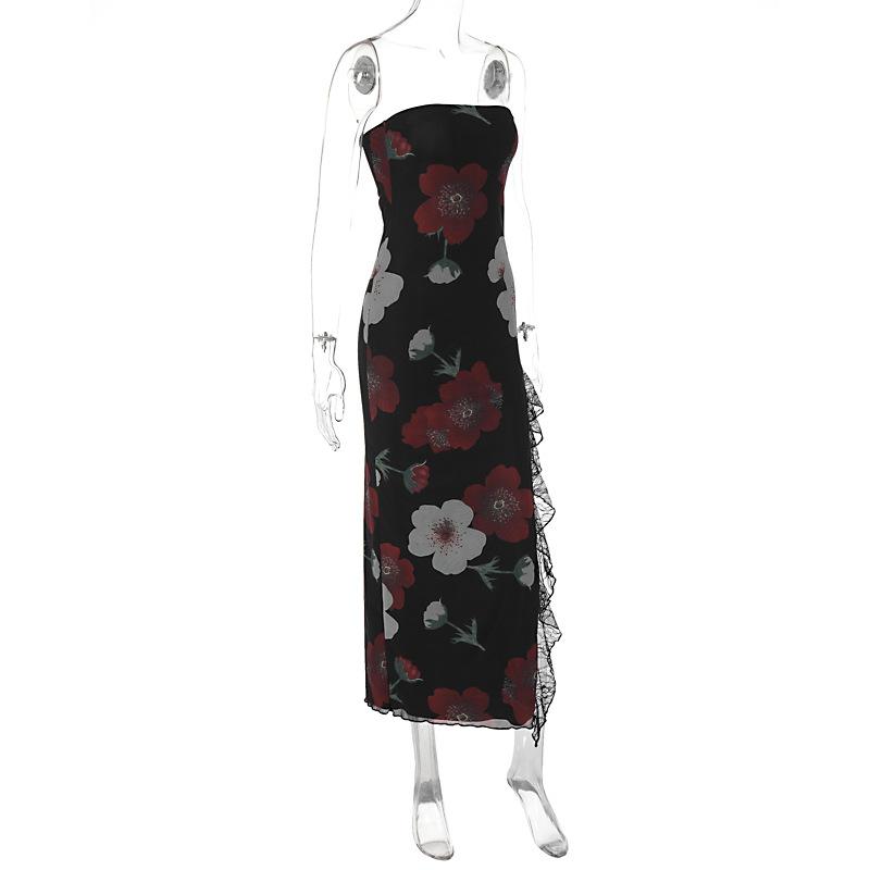 Ladies' Printed Lace Chest Wrapped Open Back Split Dress
