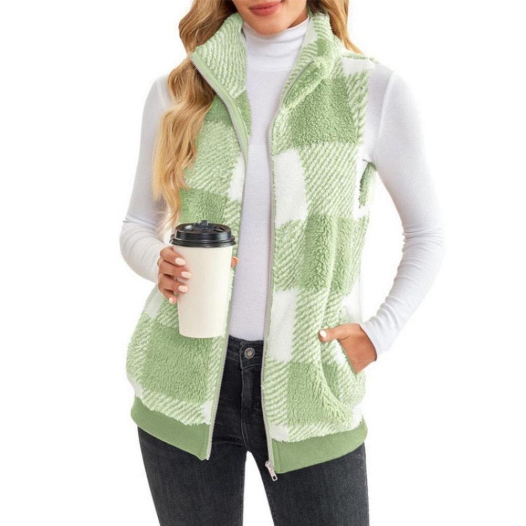 New Women's Plaid Fleece Cardigan Vest - Stand Collar Sleeveless Outerwear for Ladies - Comfortable Casual Jacket