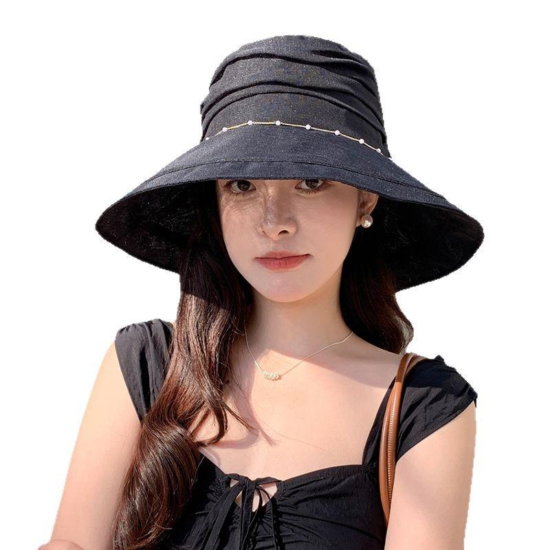 Korean Style Versatile Summer Pleated Sun Hat Pearl Chain Fisherman Hat Women Tulle Sun Hat Big Brim Trendy