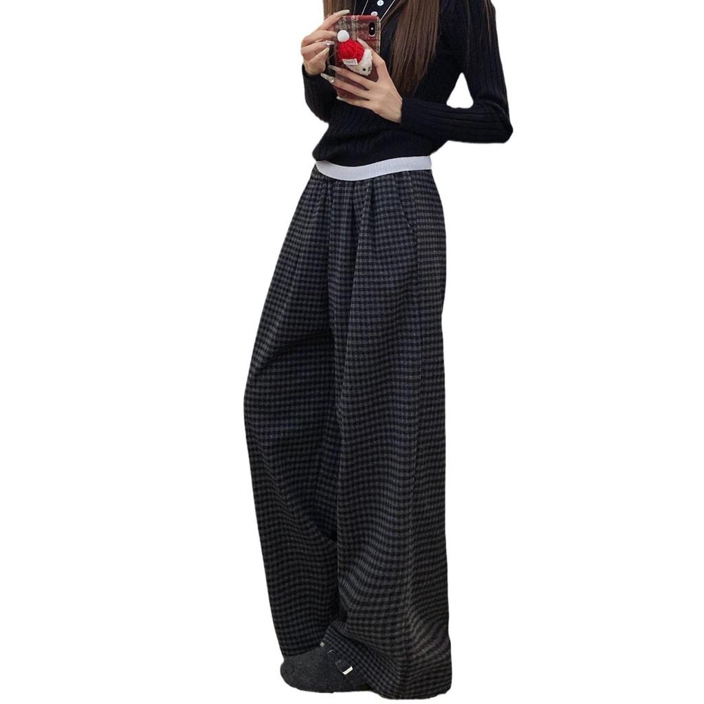 Two-Color Retro Plaid Velvet Fleece-Lined Wide-Leg Casual Pants