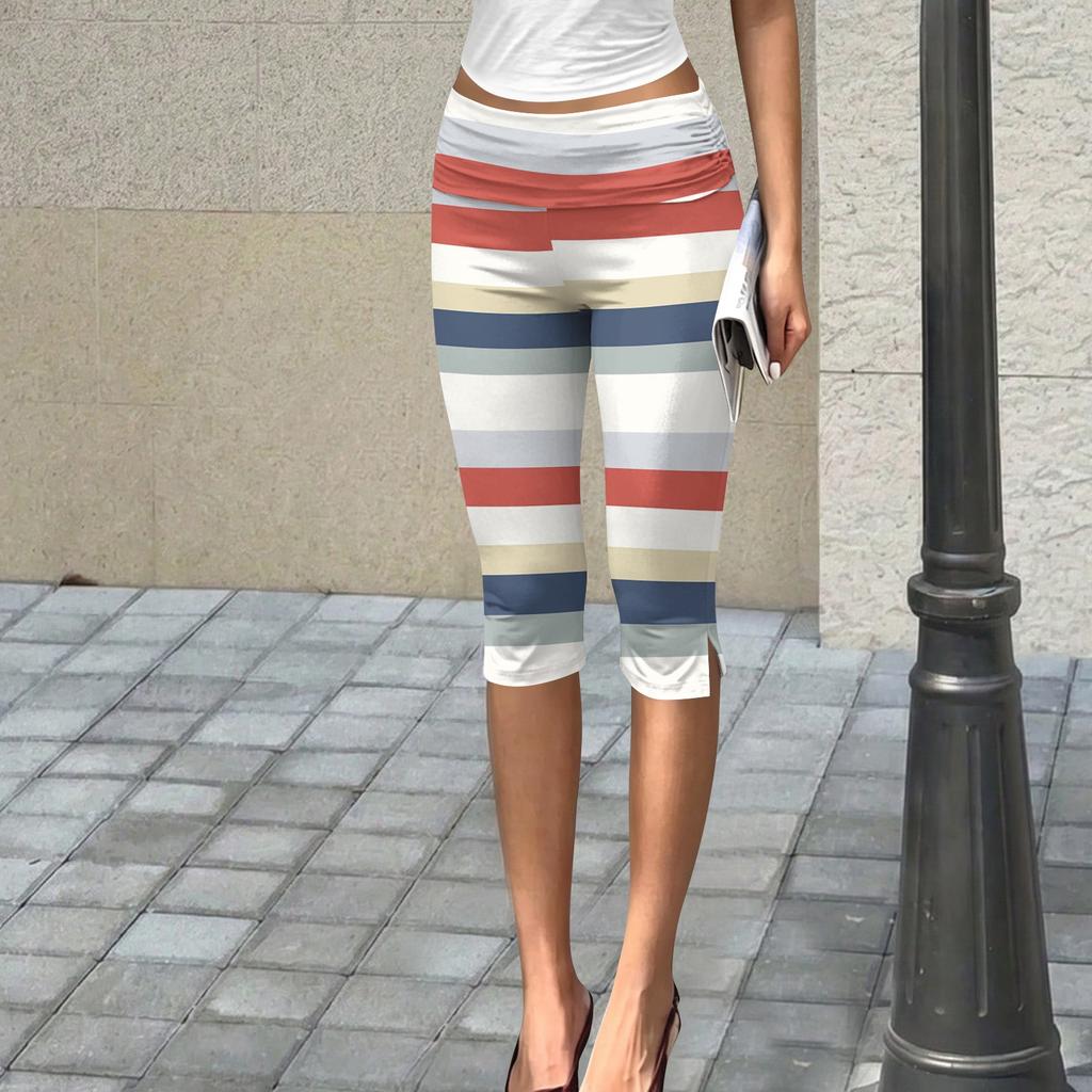 Women Striped Capri Leggings Soft Stretch Cropped Pants Elastic Waist Pull On Athletic Yoga Bottoms Summer 2024