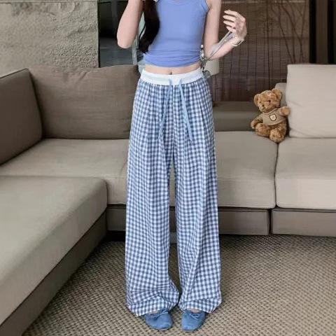 Summer three-color plaid loose casual pants women's thin versatile floor pants high-waisted lazy drape straight pants