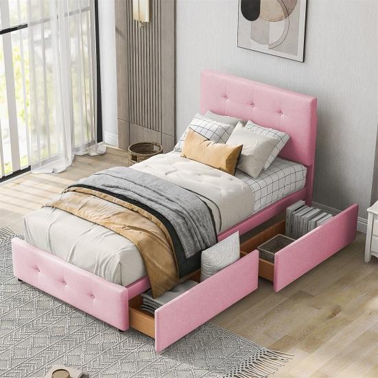 99x210cm Velvet Fabric Kids Bed with Adjustable Headboard 2 Drawers Ergonomic Design Strong Wood Slat Support Bed Home Furniture