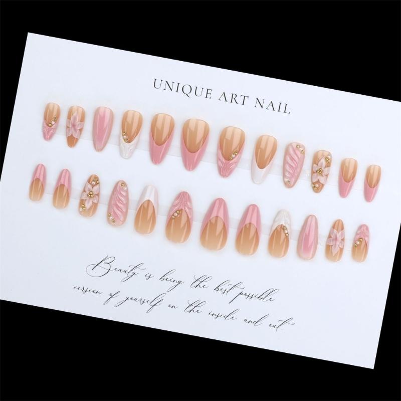 3D Embossed Floral False Nail Pink Flower Pattern Press On Nail Instantly Application Wedding Banquet Elegant Manicure