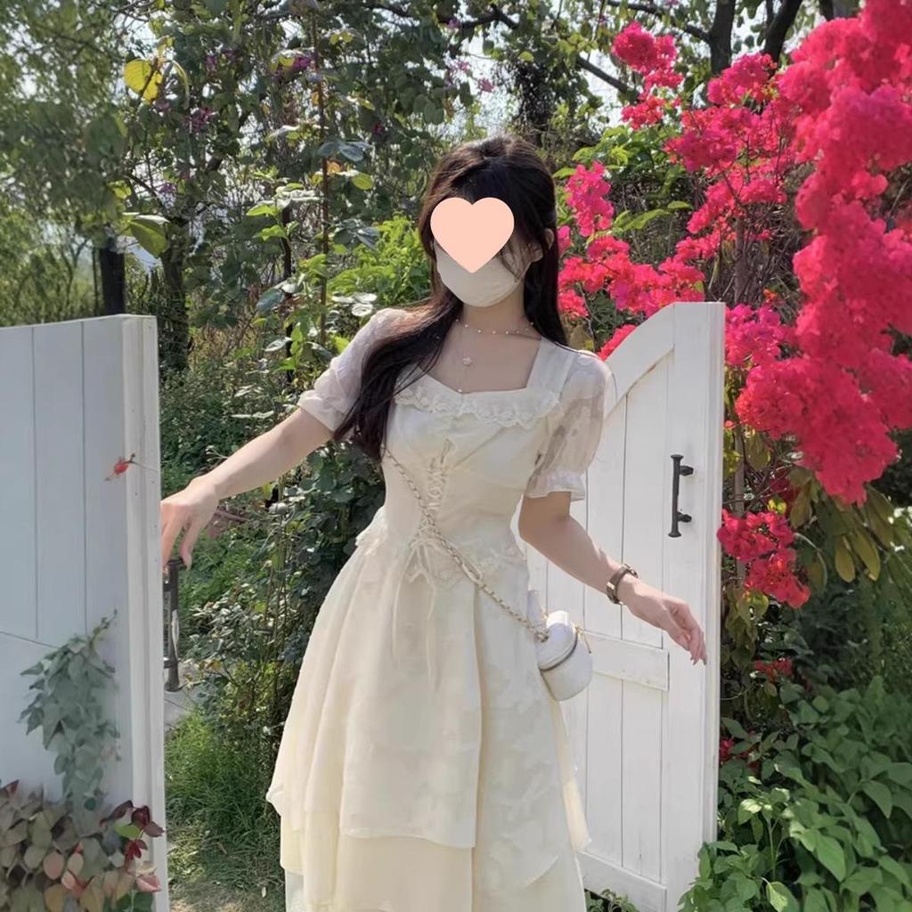 Summer Women's Sweet French Ruffle Princess Dress with Waist-Cinching Puffy Skirt