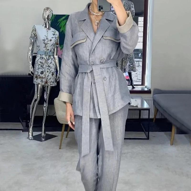 2023 Autumn European-American Fashion Polo Collar Tie-Waist Commuter Pants Set