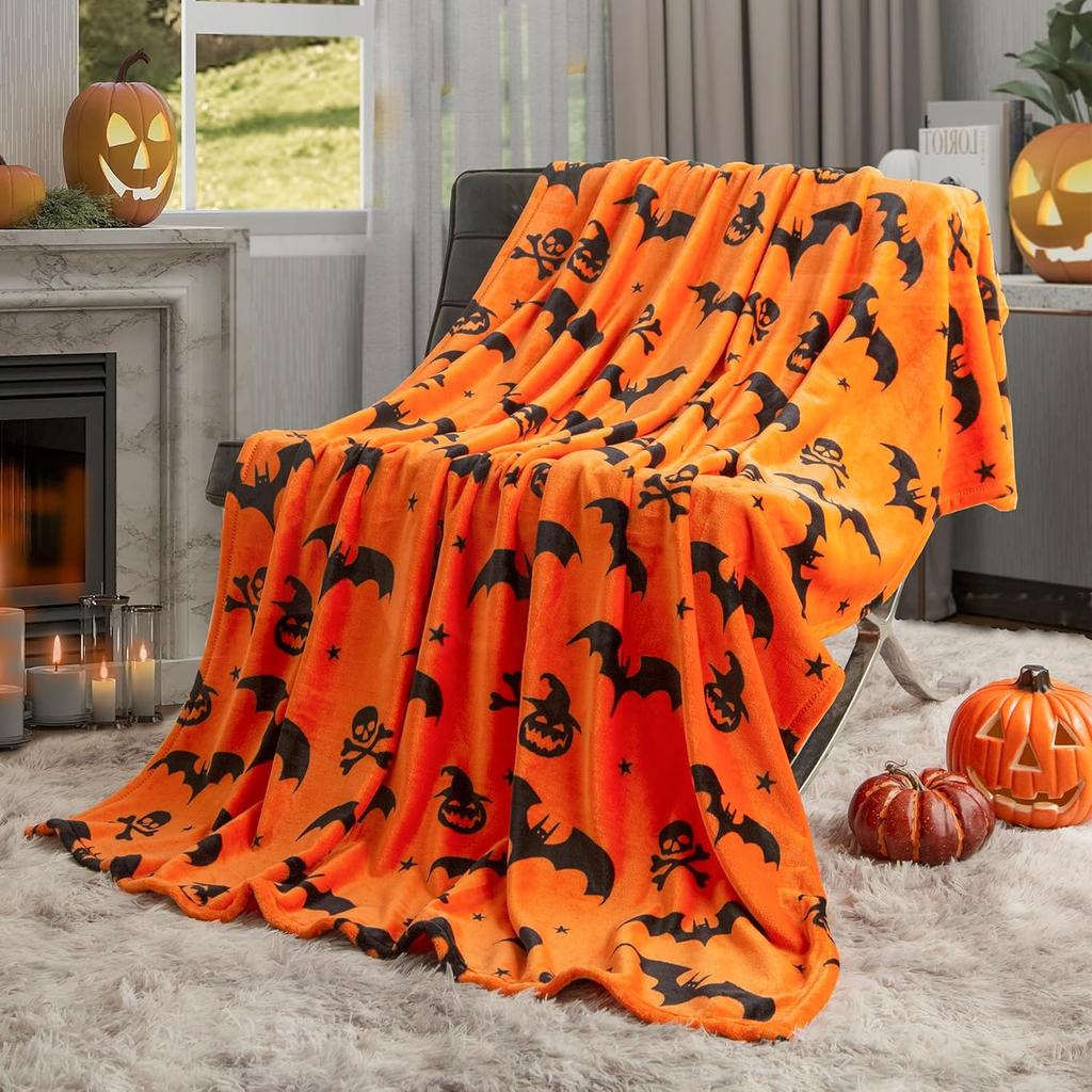 Coperta di Halloween Fantasma Reversibile Stampa Zucca Coperta Plaid in Pile, Super Morbida Calda Accogliente Coperta Autunnale Per