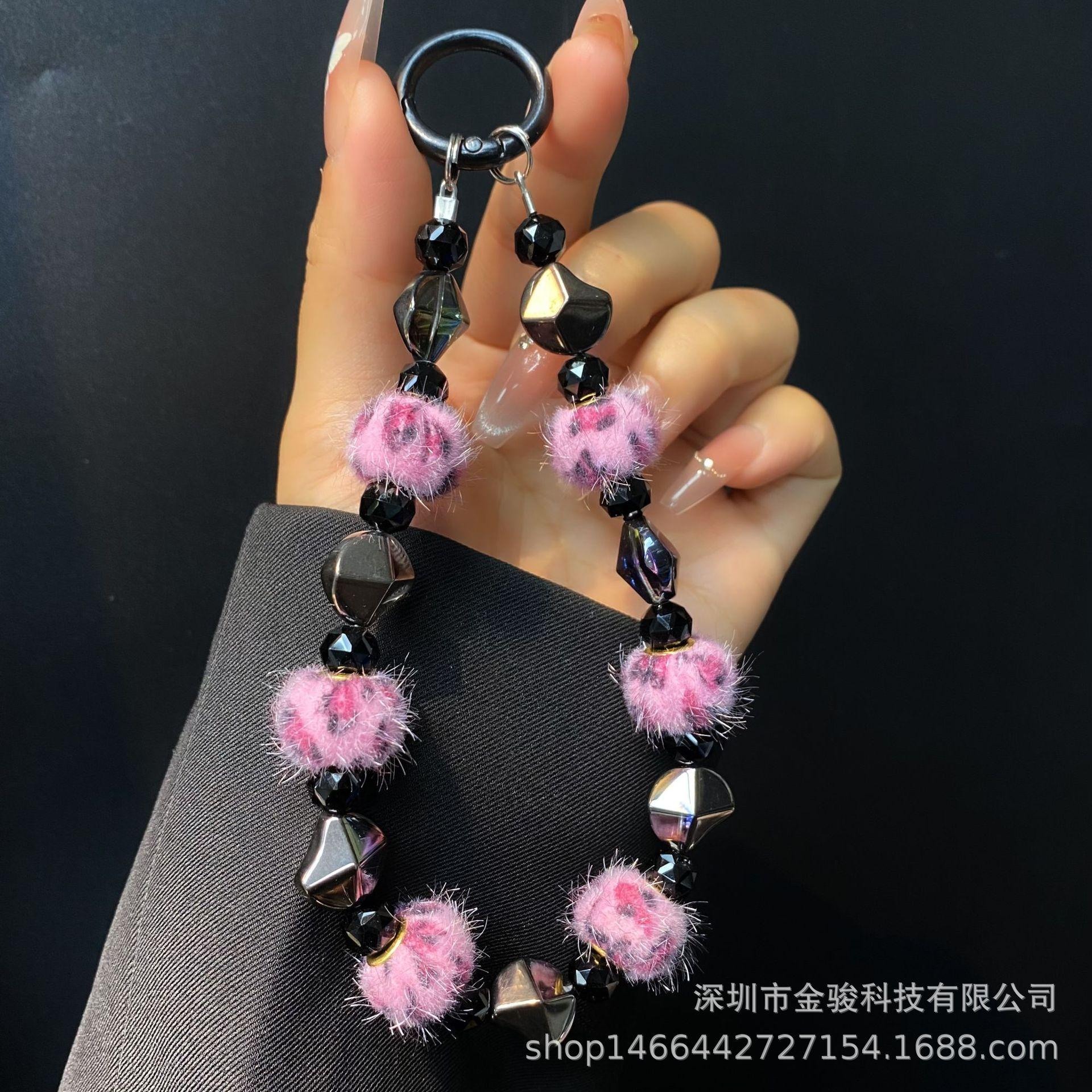 Autumn Winter Pom Pom Phone Chain Acrylic Irregular Stone Short Leopard Print Hanging Chain Crystal Beads Phone Lanyard Wholesale Pink【Irregular Shaped S
