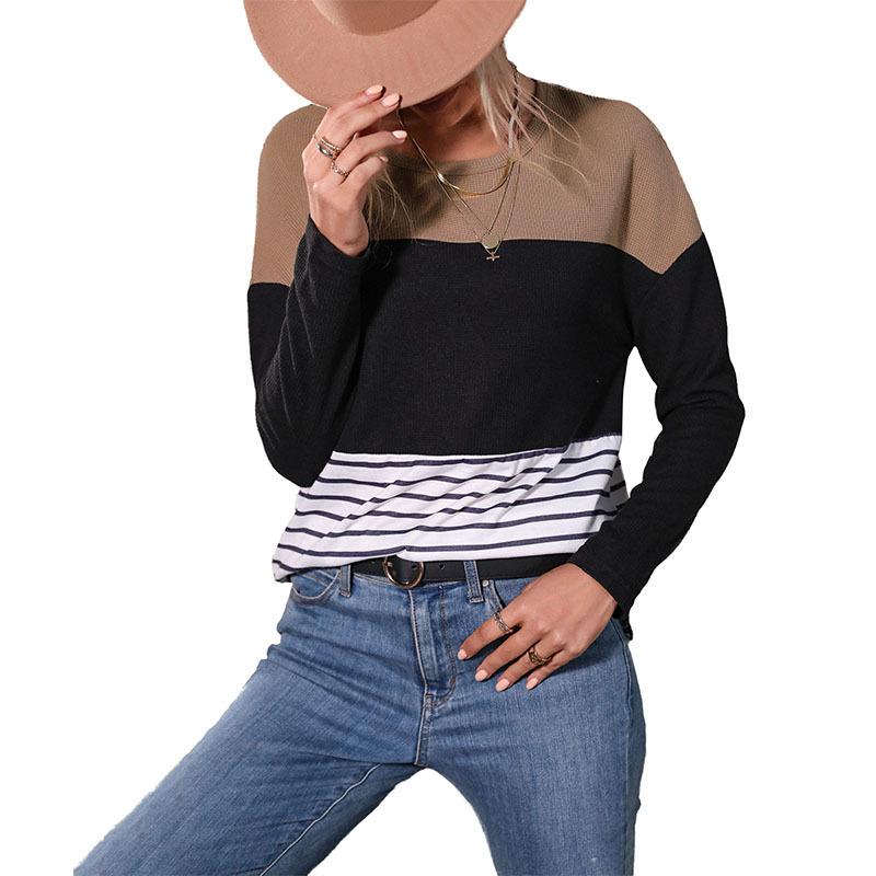 Woman Clothing Fashion Casual Tops Shirts Fashionable and Casual Temperament Women's Long-sleeved Splicing Loose Striped Knit Sweater