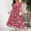 GMXIA Summer Women's V-Neck Tie Belt Large Size Red Dresses