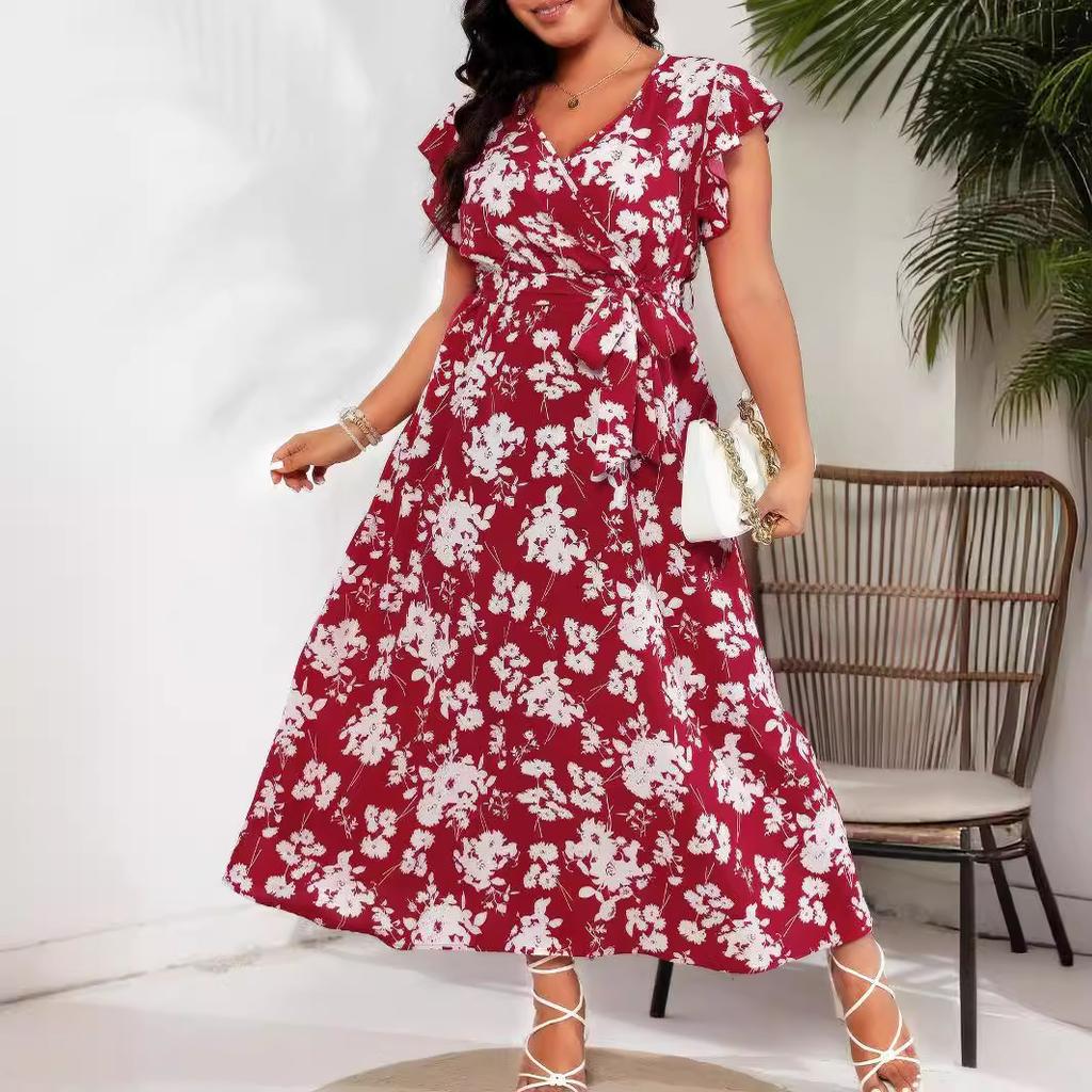 GMXIA Summer Women's V-Neck Tie Belt Large Size Red Dresses