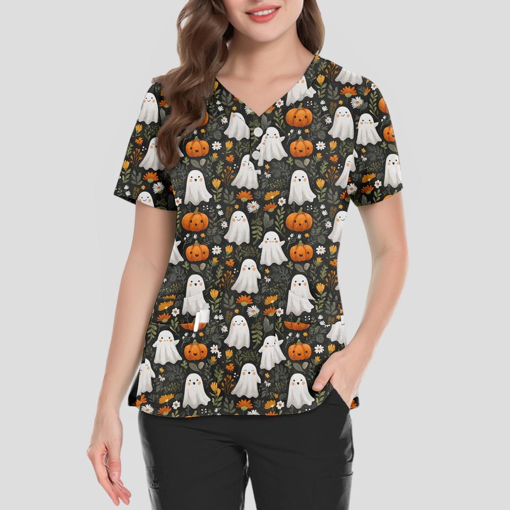 Women's Loose Short Sleeved Fashionable Halloween Print V-neck Buttonable Side Slit Top T-shirt