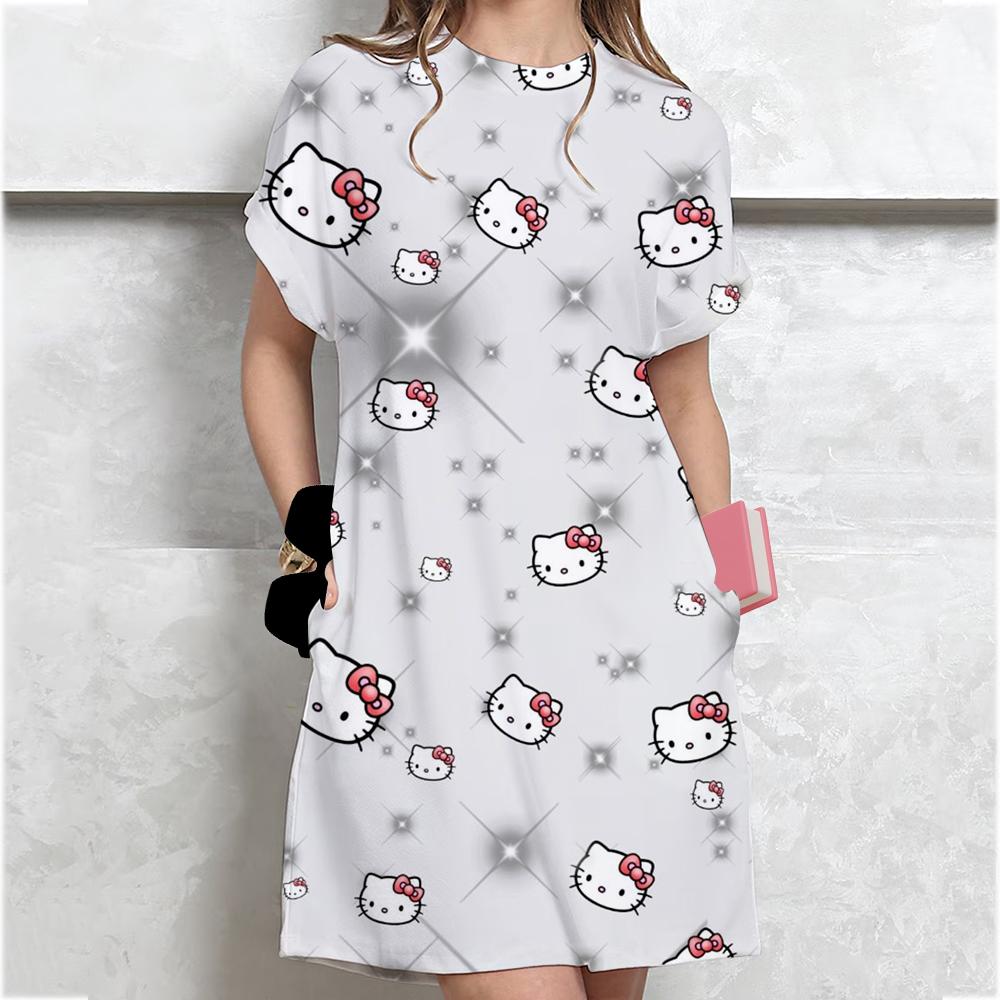 Korean-style Plus-size Hello Kitty print T-shirt Women's Summer Loose-fit Belly Covering Student Dress