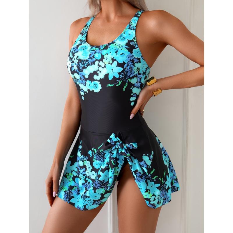 Elegante konservative Damen-Einteil-Badebekleidung mit Rock - Bauchkontrolle Hohe Elastizität Blumendruck Schwarz & Blau Verstellbare Bademode