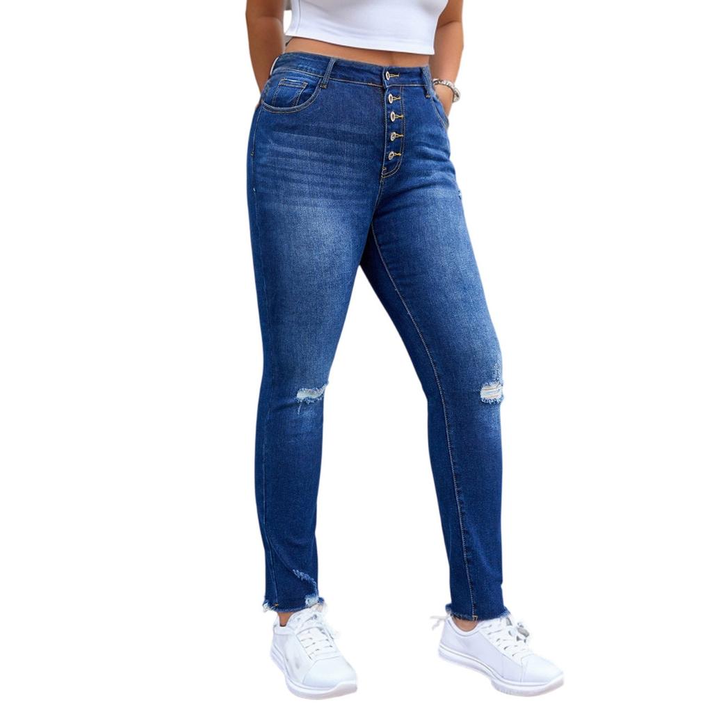 Blugi Stretch cu Talie Medie pentru Femei, Pantaloni Denim Fashion cu Picior Drept și Buzunare