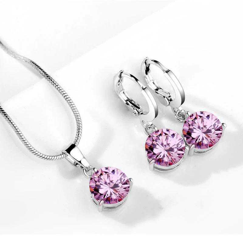 Minimalist Fashion Round Multicolor Zircon Necklace And Earring Set Elegant Women Jewelry
