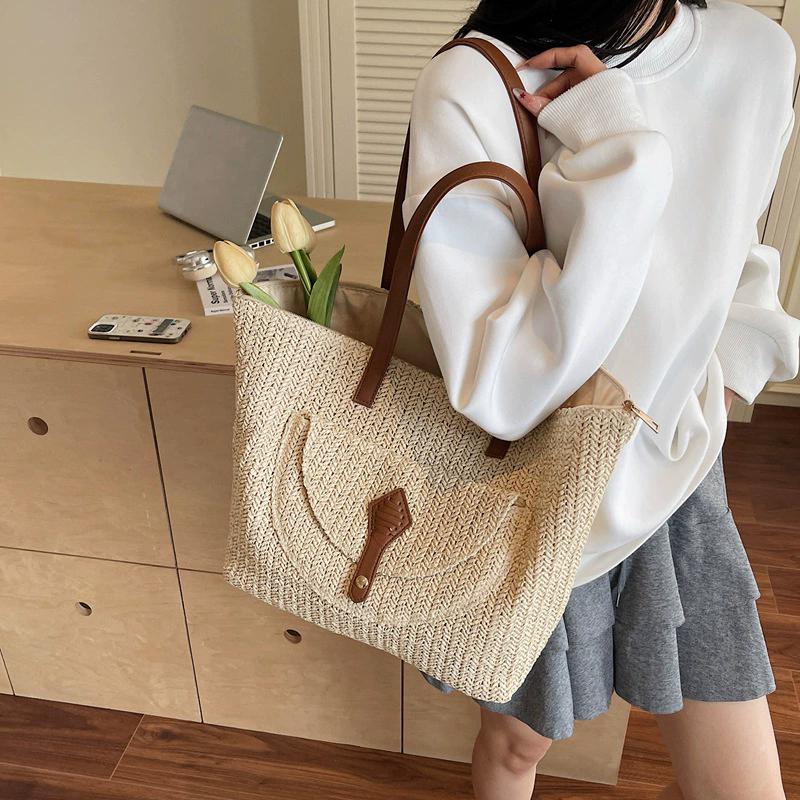 Yogodlns Women's Woven Straw Tote Bag Leather Patchwork Decor Large Capacity Casual Daily Beach Vacation Shoulder Handbag