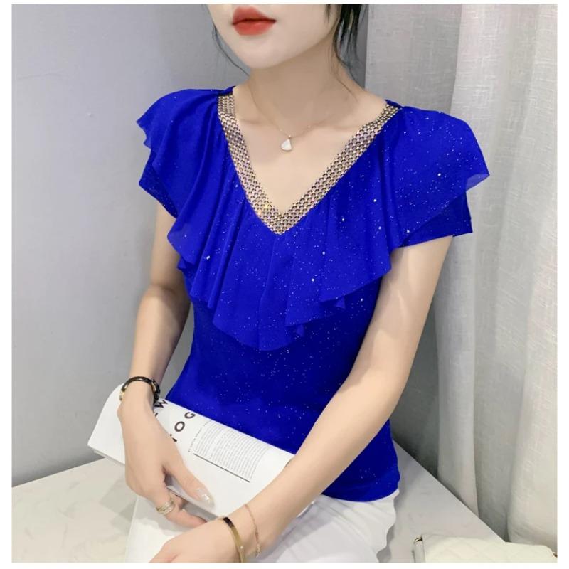 Summer Short Sleeved V Neck Women's T Shirt Elegant Slim Hot Drilling Ruffles Mesh Tees