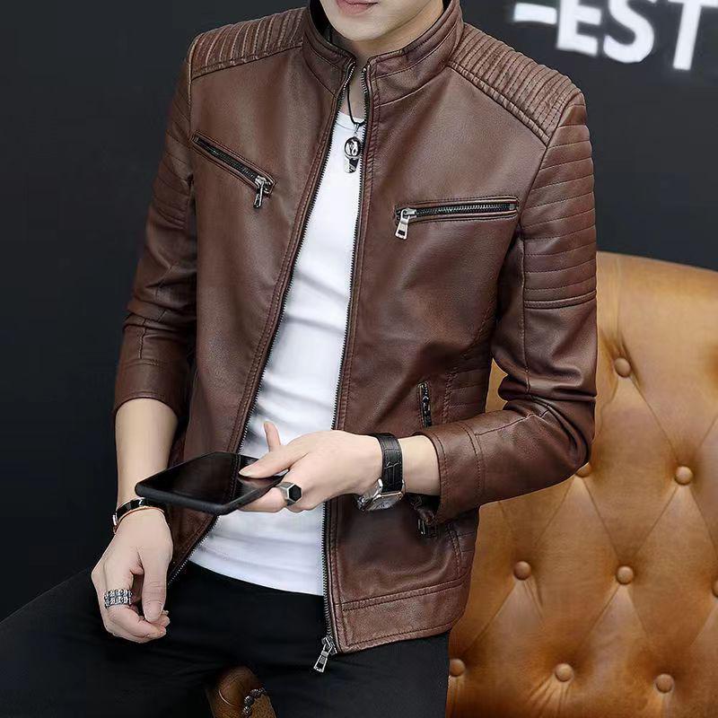 Korean Style Men's Winter Leather Motorcycle Jacket with Velvet Lining