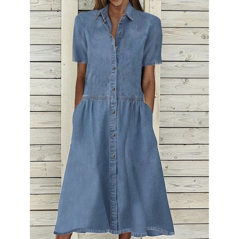 

Модный стиль Новинка Мода Amazon Весна и Лето Блузка Воротник Миди Длинная Длина Повседневное Джинсовое Платье с Коротким Рукавом Blue S