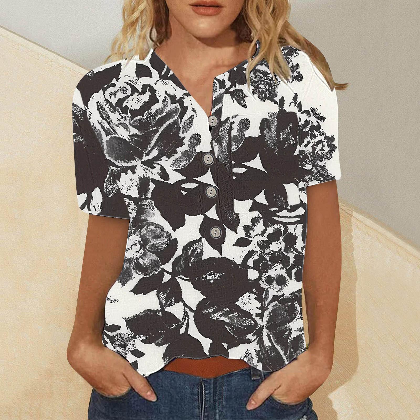 Women s Summer Casual Fashion Cotton Linen Printed Women s Short Sleeve Shirt Tops L чёрный