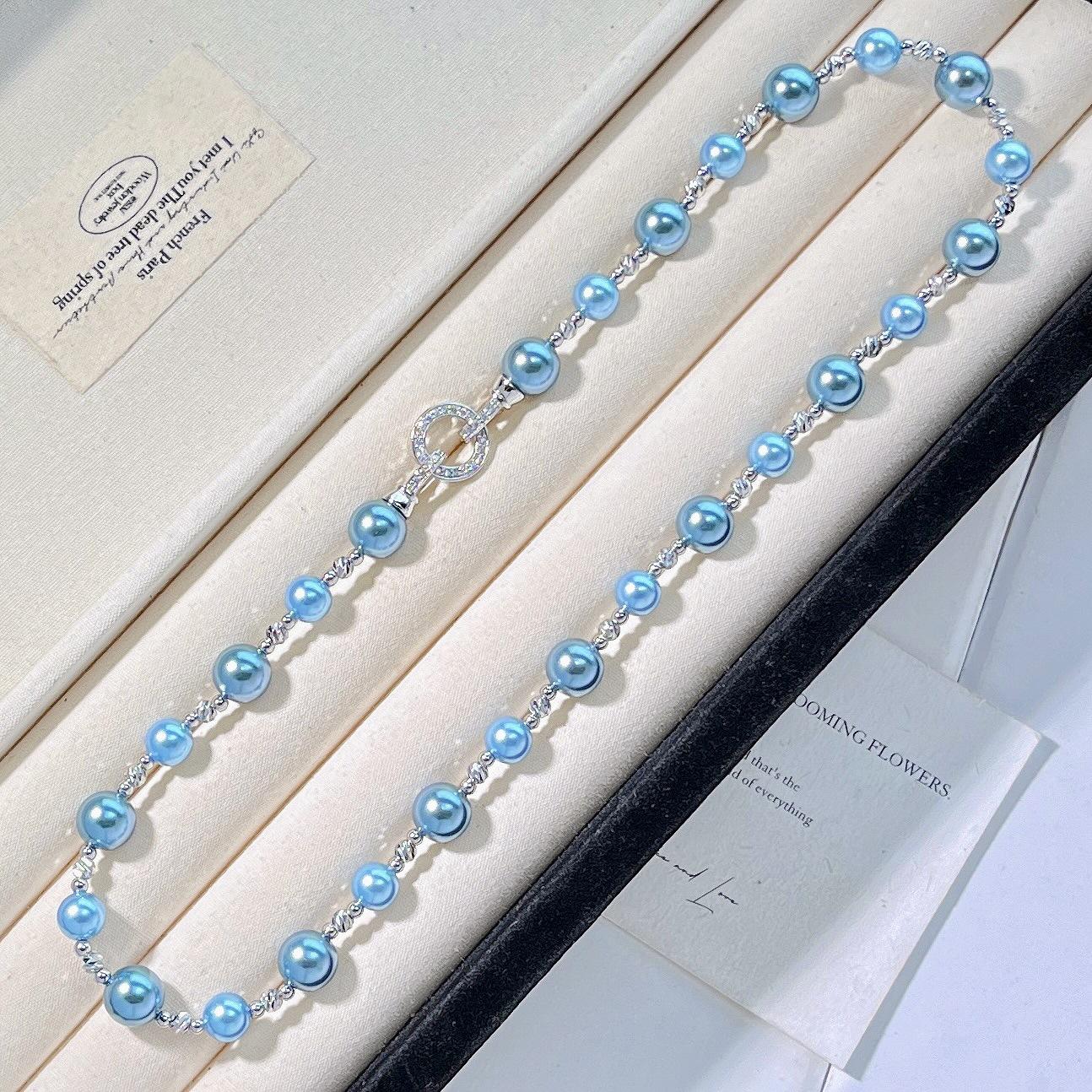 Highlight Peacock Blue Faux Crystal Pearl Design Necklace Clavicle Chain Sweater Chain