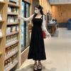 Plus Size French Hepburn-Style Black Camisole Dress & Cardigan Set - Retro, Slimming, Sun-Protective Summer Two-Piece.