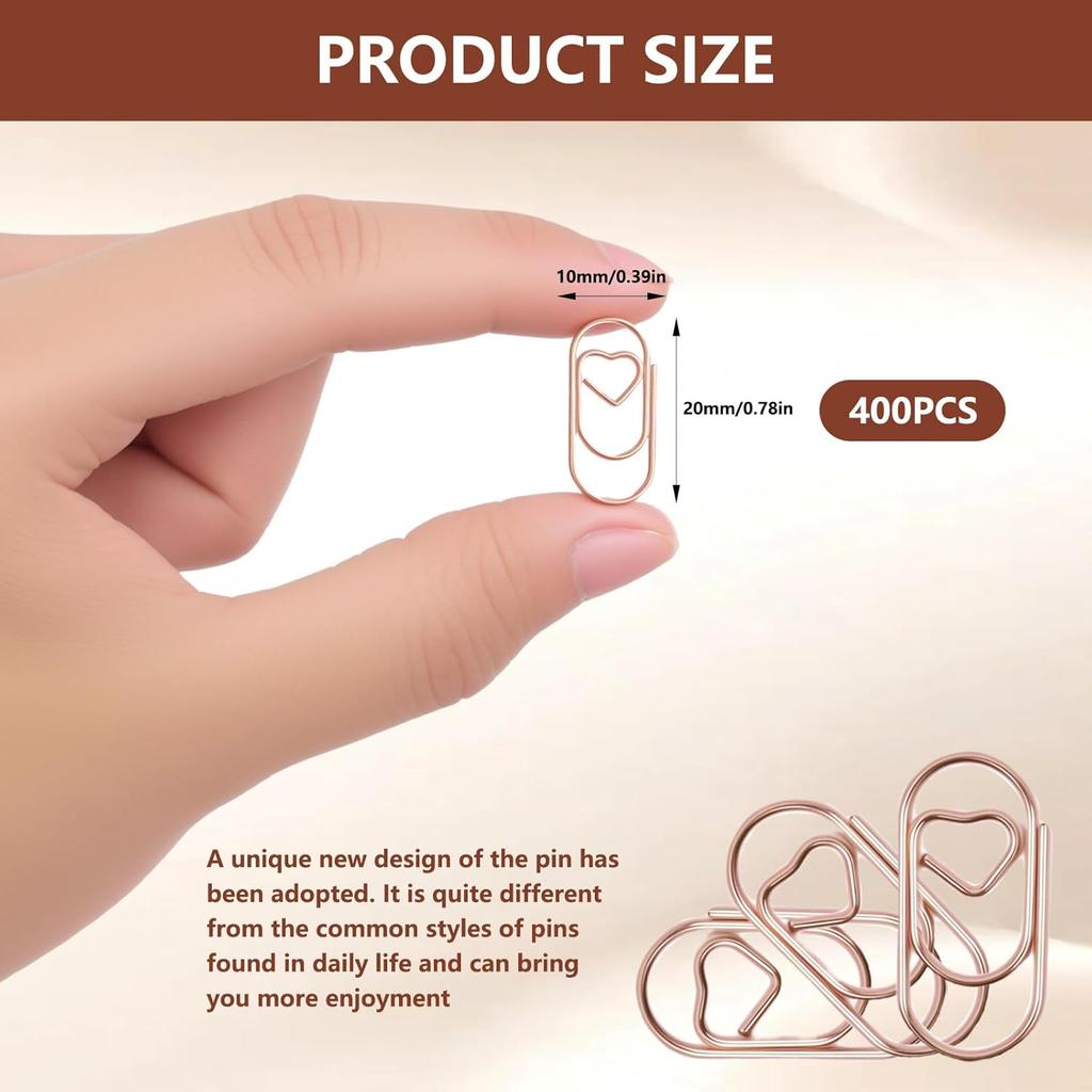 400PCS Rose Gold Paper Clips, Cute Decorative Mini Heart Shaped Paper Clips