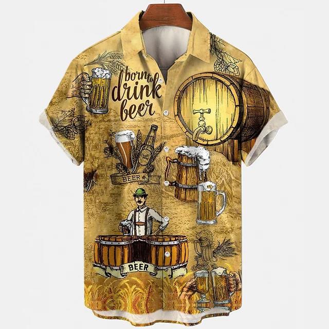 Camisetas Festival de Cerveza Harajuku para Hombre Estampado 3D Manga Corta Verano Estilo Hawaiano Playa Tops de Botón Único Solapa
