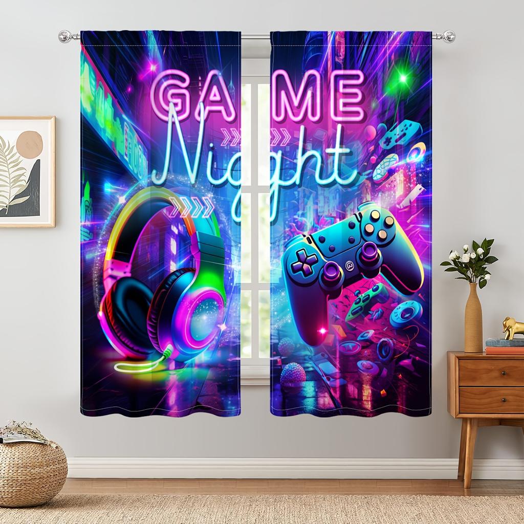 2PCS VR Neon Style Game Night Print Curtain E-sports Headphones Gamepad Print Curtain Rod Pocket 3D E-sports Style Decor Drapes