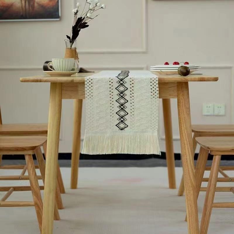 Boho Table Runner for Home Decor Beige & Brown Weave Farmhouse Table Runner with Tassels for Bohemian Dining Bedroom Decor