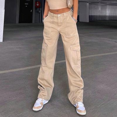 Women Cargo Pants High Waist Solid Color Loose Multi Pockets Full Length Soft Breathable Casual Streetwear Lady Trousers