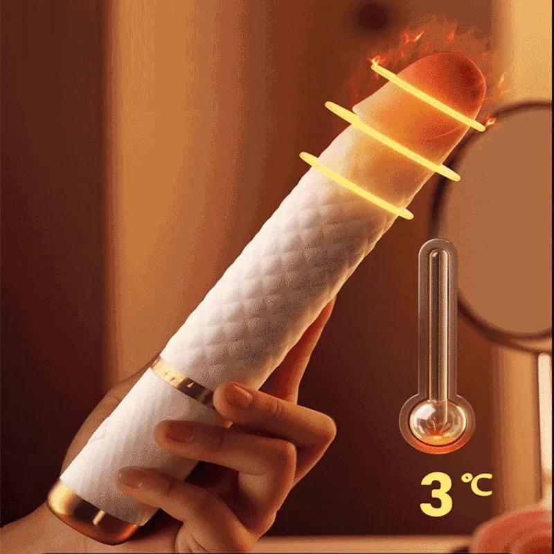 Vibrador Dildo Telescópico de Silicone Aquecido com Ventosa Potente e Textura Realista, Brinquedo Sexual Feminino Adulto