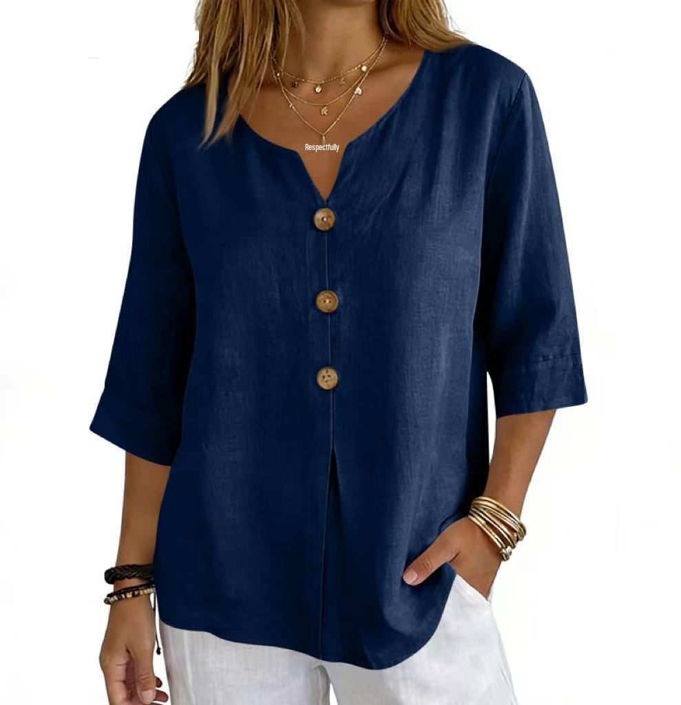 2026 Cotton Linen Three-Quarter Sleeve Button-Down Casual Loose Top Solid Color Shirt