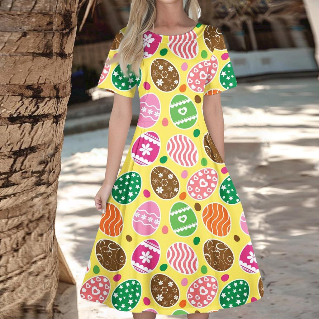 Women's Casual Fashion  Dress Easter Printed Round Short Sleeve Waisted Mid-Length Swing Dress (with Zipper)