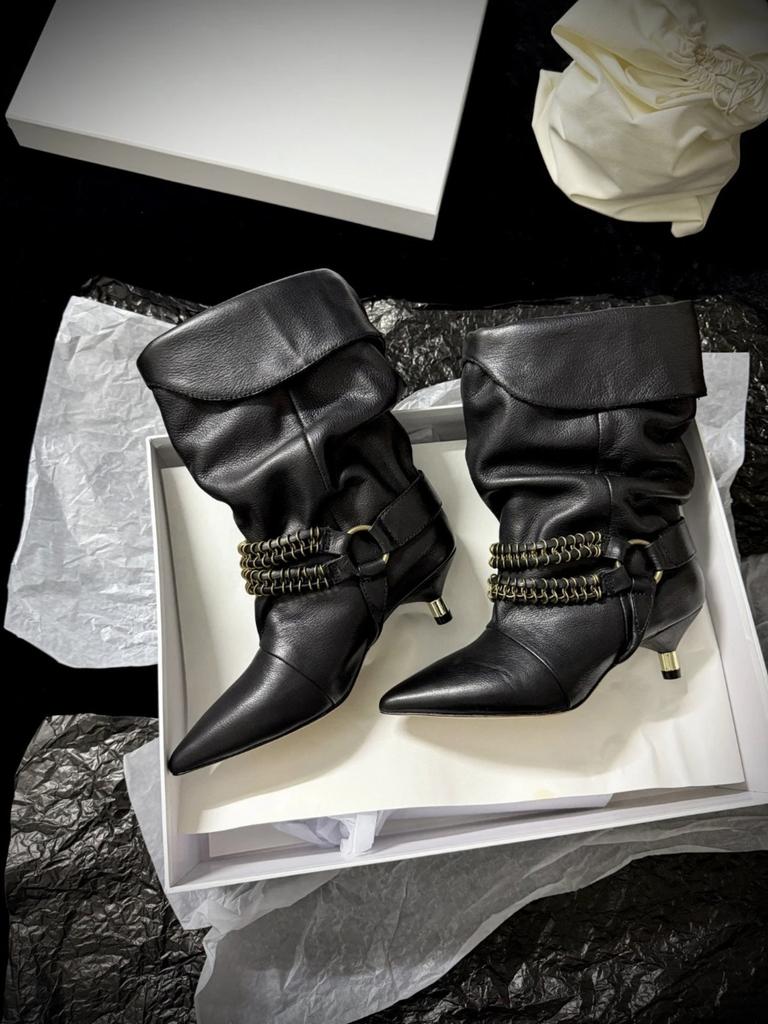 Korean Version of Niche Chain Cat Heel Thin Boots Women's Medium Tube Stacking Boots Temperament Thin High Heel Pointed Western Cowboy Short Boots